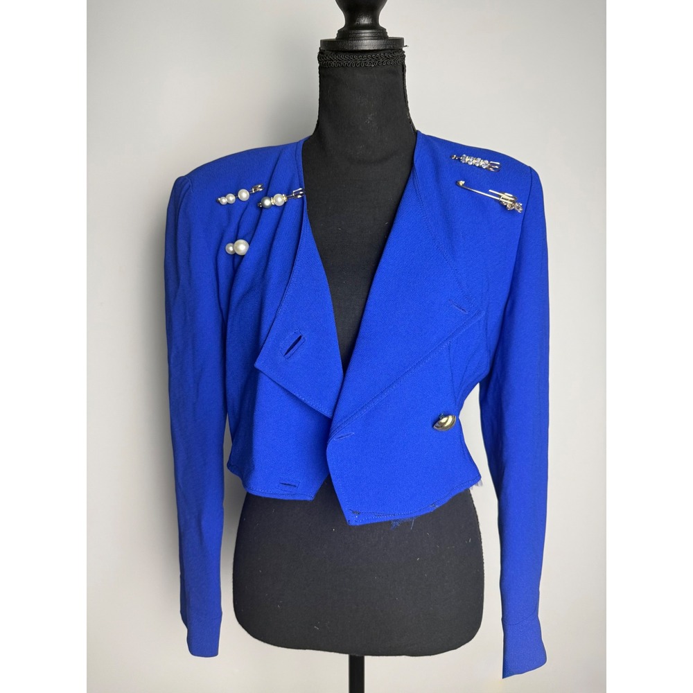 Upcycled Handmade Cropped Blazer Royal Blue Embellished Safety Pin Jacket Small